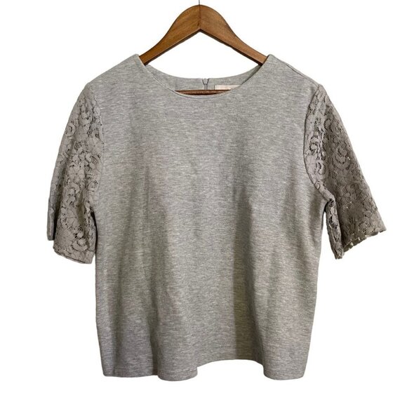 Ann Taylor LOFT Womens Gray Boxy Semi Crop Lace Short Sleeve Blouse Size Large - Picture 1 of 6